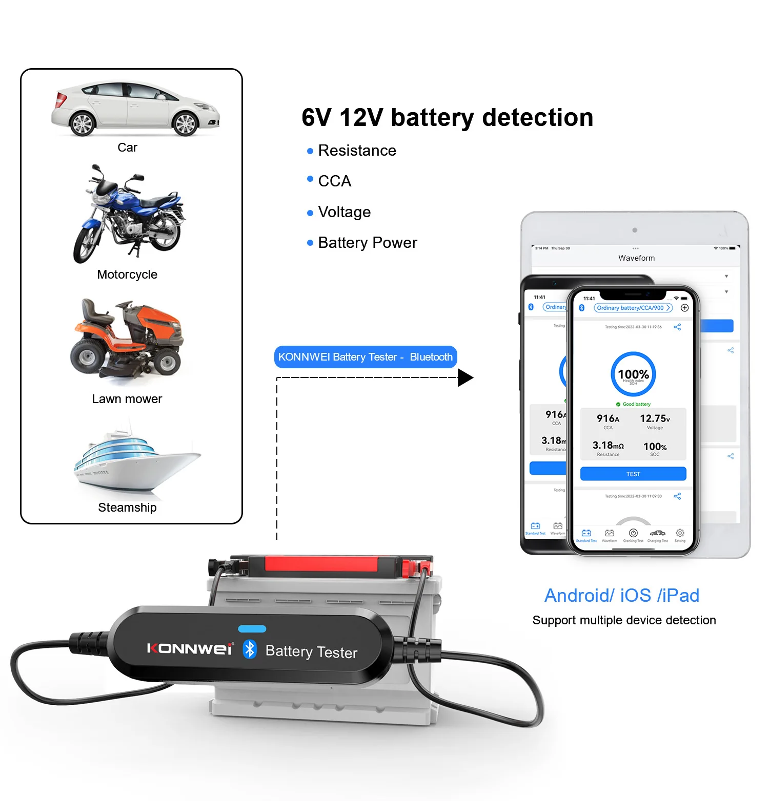 Battery Internal Resistance Tester, 12V Car Battery Capacity Analyzer,Smart Battery Tester Connect to Phone PC for Auto Shop