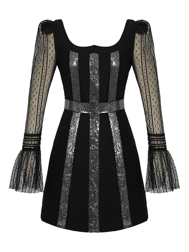 Französische Sexy Abendkleider für Damen Luxuriöse Hotsweet Transparente Netzstoff-Puffärmel mit Glänzenden Pailletten Gestreiftes Mini-Kleid für Party und Nachtclub