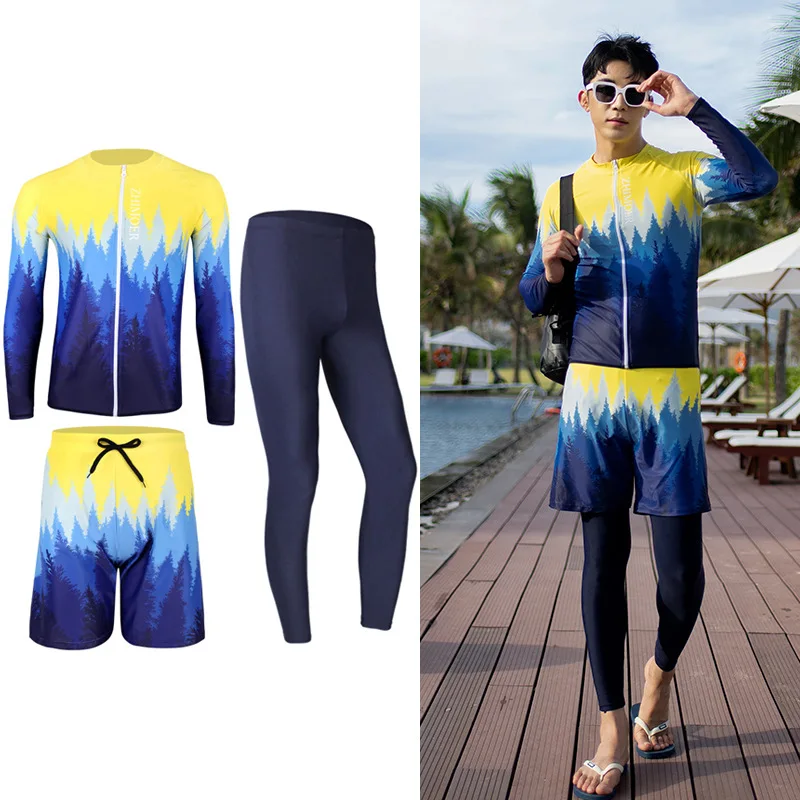 メンズ3ピース長袖ラッシュガード水着ジッパー付き水着サーフィンパッドロングパンツカップル女性プリント5ピース