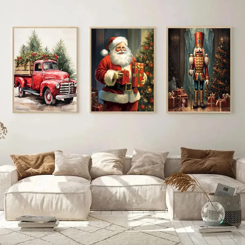 Vintage Christmas Posters Santa Soldier and Red Truck Print Canvas Painting for Living Room Holiday Wall Art Home Decortion