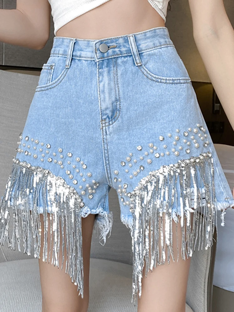 

Casual High Waisted Beaded Tassel Denim Loose A-Line Hot Pants 2024 New Fashionable Women'S Clothing