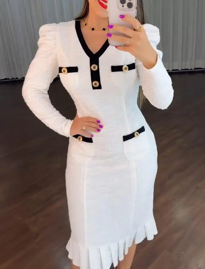 

Women Elegant Dresses Button Decor Contrast Paneled V-Neck Puff Sleeve Commuting Dress Pockets Design Pleated Hem Tweed Dress