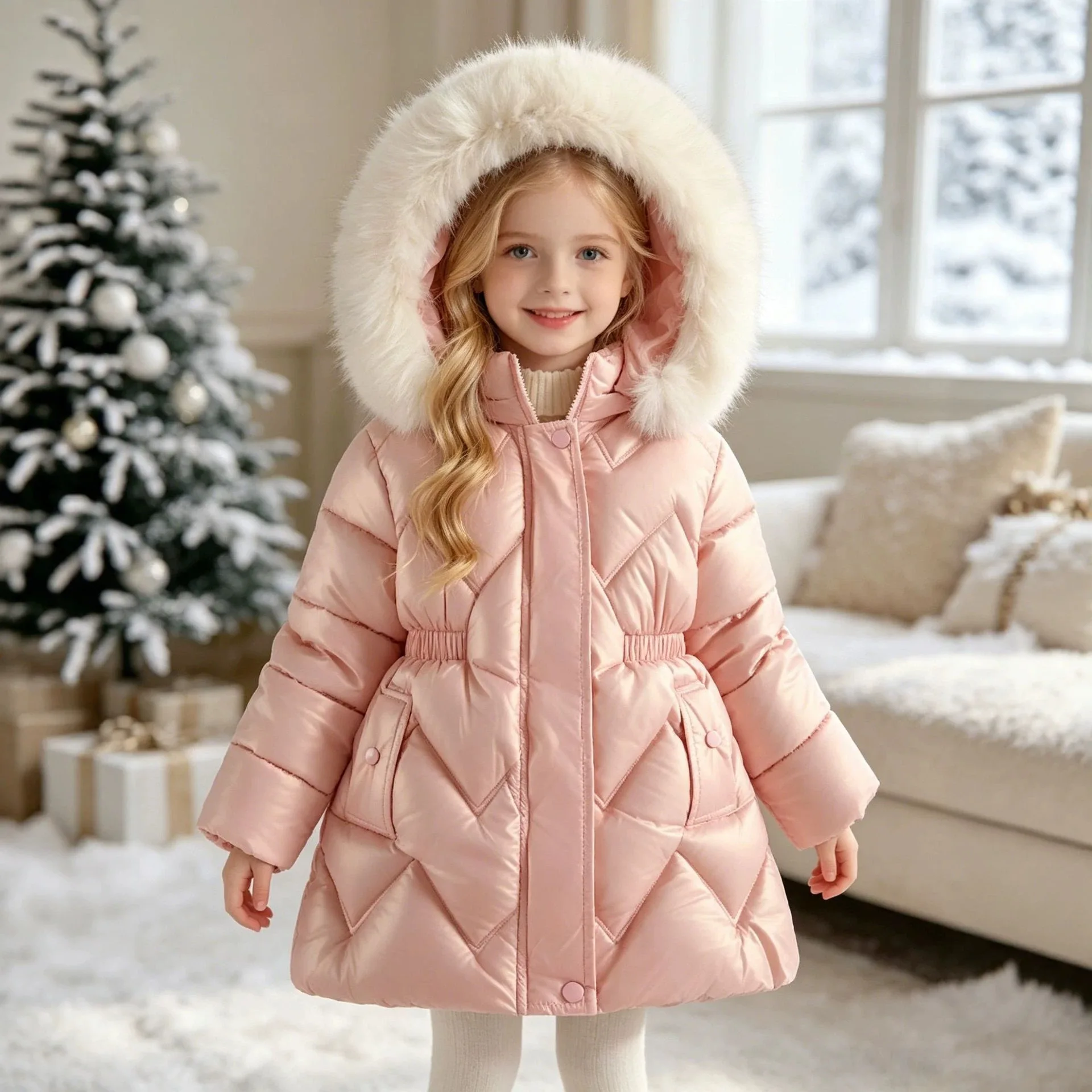 Girls' winter new children's medium and small thickened velvet shiny leather leave-in hooded cotton clothes jacket