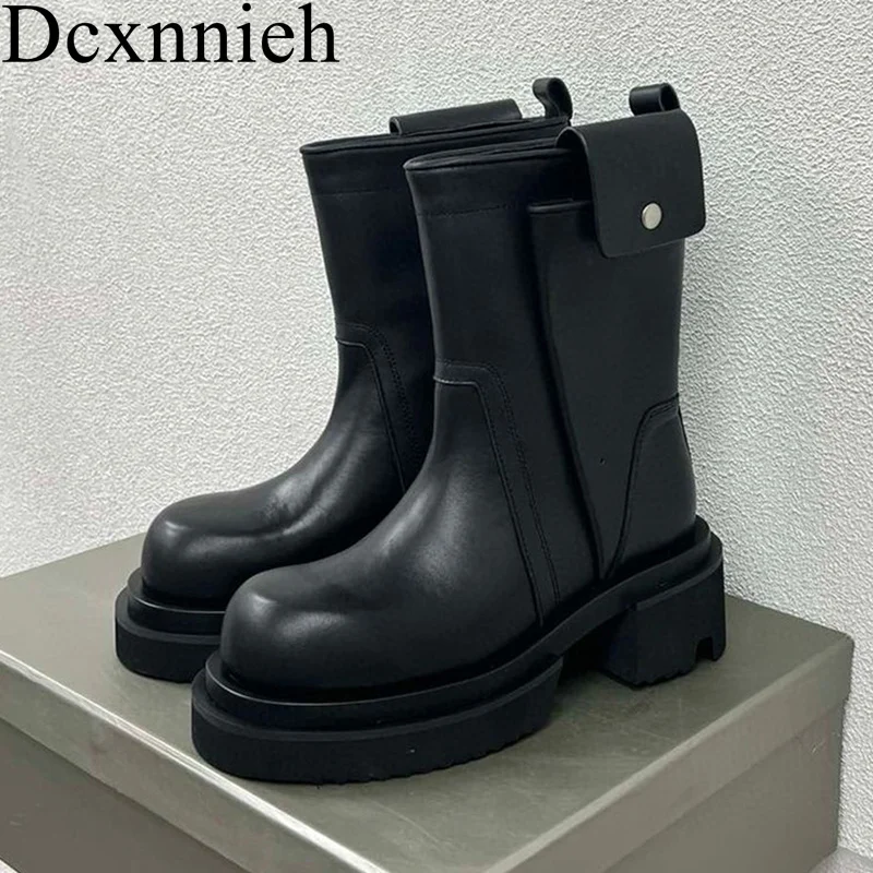 

Chunky Heel Thick Bottom Riding Boots Women Round Toe Real Leather Pocket Design Ankle Botas Autumn Handsome Motorcycle Boots