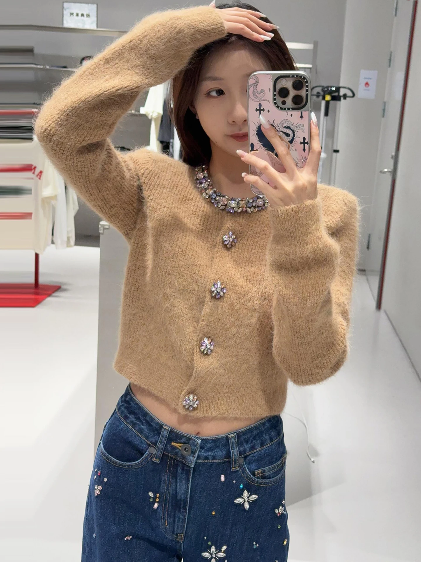 

Premium Women's Knitted Sweater with Diamo Autumn Winter Cardigan Coat Medium Softn Long Sve round Ne o...