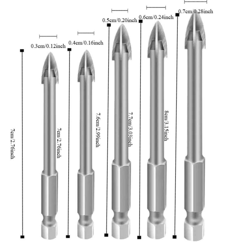 ดอกสว่านสามเหลี่ยมทนทาน 5 ชิ้น หลายขนาด ดอกสว่านคาร์ไบด์แข็ง คมสี่ด้าน หัวสว่านหกเหลี่ยมสำหรับเจาะคอนกรีต