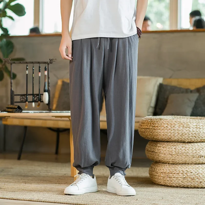 

2023 Men's Autumn New Cotton Hemp Loose Casual Pants Handsome Solid Color Large Straight Youth Leggings