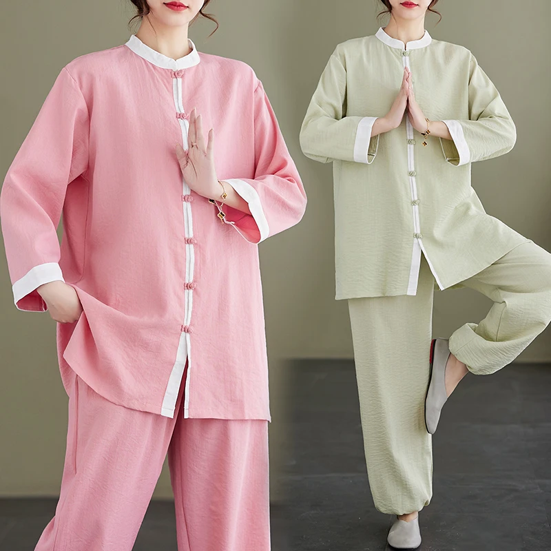 

High-End Cotton Linen Tai Chi Suit Spring Summer Two-Piece Set Chinese Sle Practice Clothes ex Monastic Robe