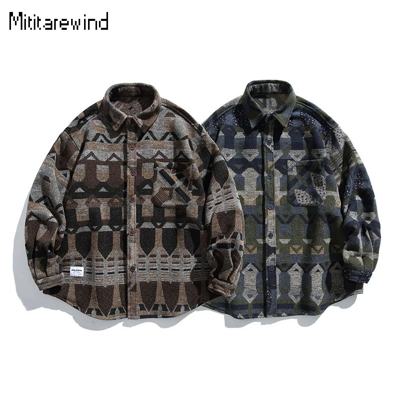 

2024 Spring New Shirts for Men Holiday Retro Ethnic Style Shirt Long Sleeve Print Woolen Shirt Youth Loose Trend Tops Streetwear