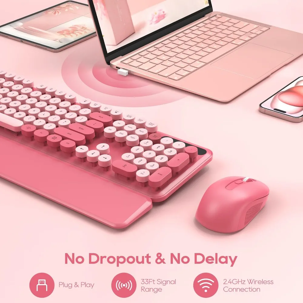 Full-Size Retro Typewriter Keyboard with Round Keycaps and 2.4GHz Cordless Mouse Combo