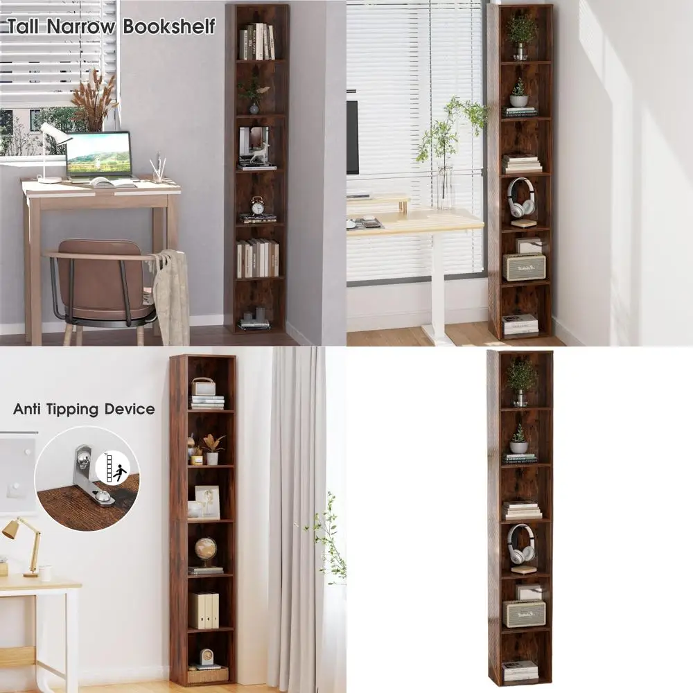 رف كتب ضيق طويل القامة مكون من 6 طبقات، رف زاوية رفيع ونحيف مقاس 70.5 بوصة، خزانة تخزين رفيعة، برج منظم مكعب للوسائط DVD الخشبي