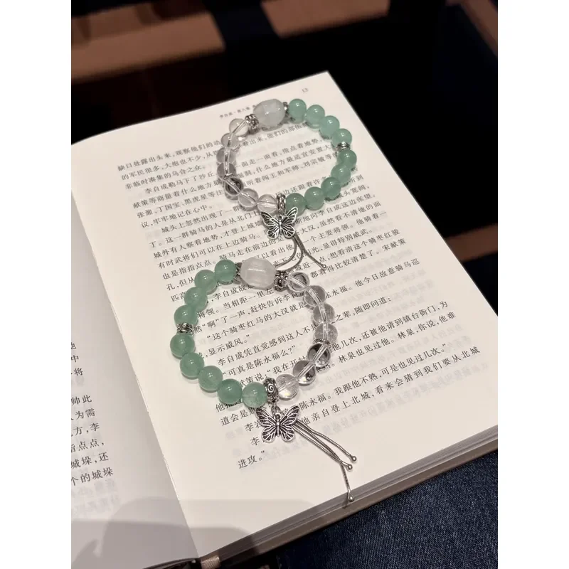 Original natural white crystal green strawberry crystal butterfly tassel retro cold crystal bracelet Ximu