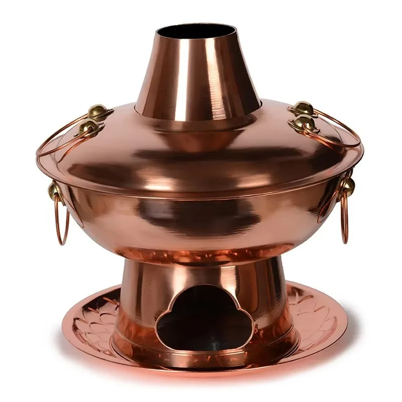 2-Layer pure copper hot pot with handle and lid Charcoal pot Traditional Chinese hot pot