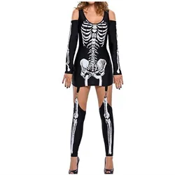 Halloween Costume Skeleton Print Dress Sexy Off Shoulder Masquerade Dresses Cute Round Neck Long Sleeve Dress Suit Women