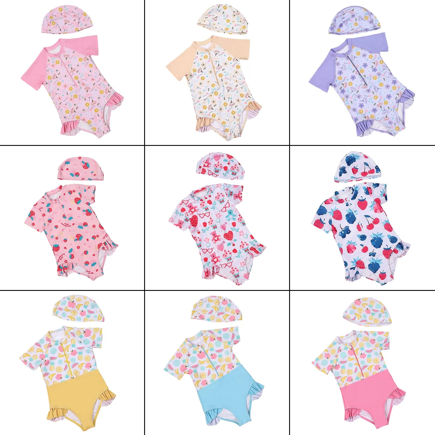 

1-7Y Little Girls One-Piece Swimwear Short Sleeve Ruffle Zipper Swimsuit Set With Cap Bear Cherry Strawberry Fruits Floral Print