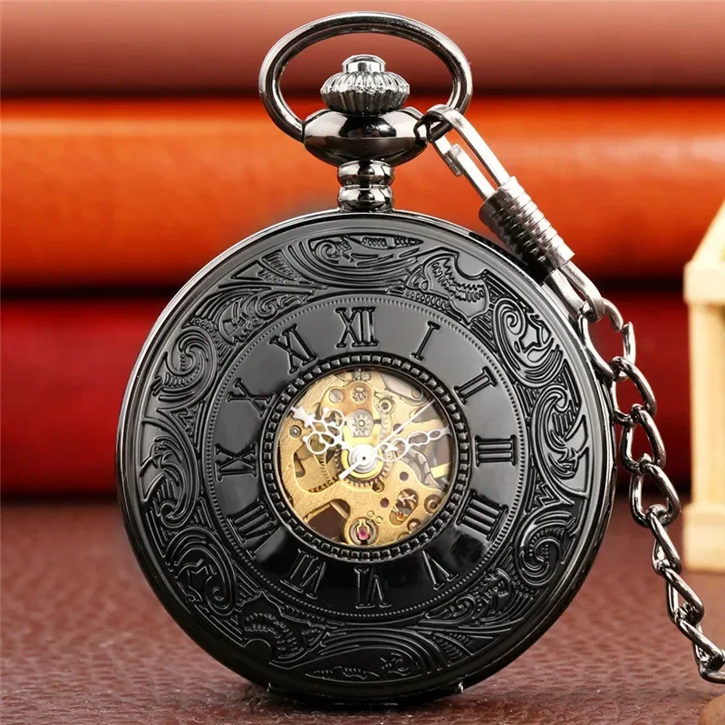 

Steampunk Black Handwinding Mechanical Skeleton Pocket Watch for Men Women Pendant Chain Clock Carving Roman Number Timepiece