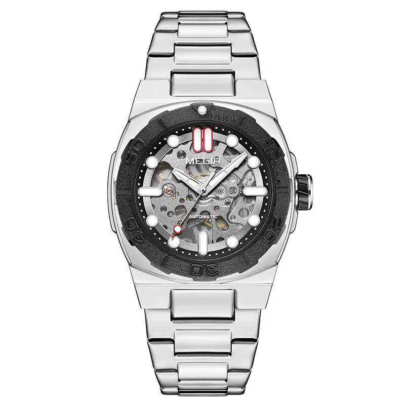MEGIR Business Style Watch for Men Fashion Automatic Mechanical Wristwatch with Transparent Skeleton Dial & Stainless Steel Band