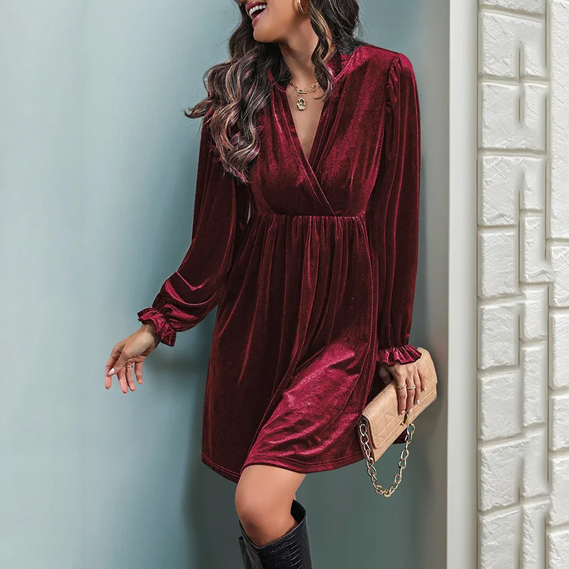 Elegant Party Mini Dress Autumn Winter Loose High Waist V Neck Sexy Valentine's Day Velvet Tank Top Robe Christmas Clothes