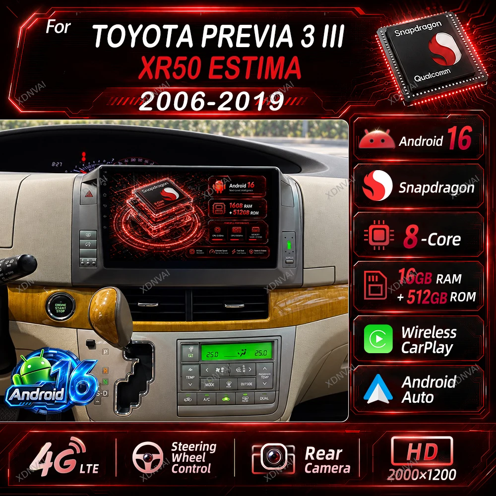 Android 16 Car Radio For Toyota Previa 3 III XR50 Estima 2006 - 2019 Multimedia Video Player RDS Navigation Autoradio Carplay BT
