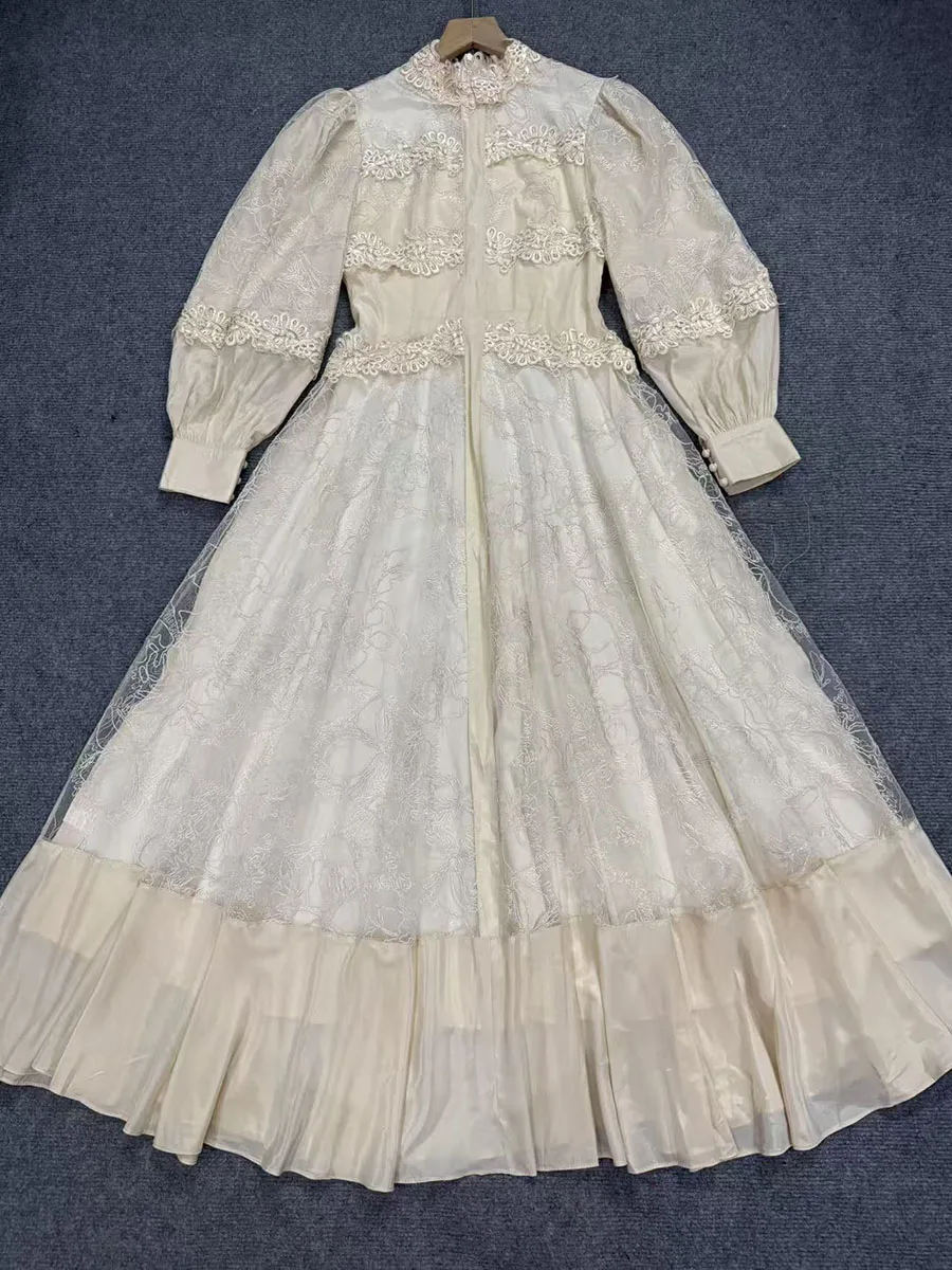 VGH فستان الأميرة خمر مزاجه للنساء الوقوف طوق فانوس كم عالية الخصر تقسم بقماش شفاف فساتين الدانتيل الإناث #4