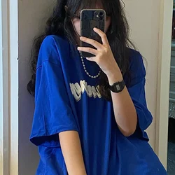 Korean Style Loose Half Sleeve T-Shirt Women's Fashionable Casual Cotton Top Short Sleeve round Neck Print Summer Slimming