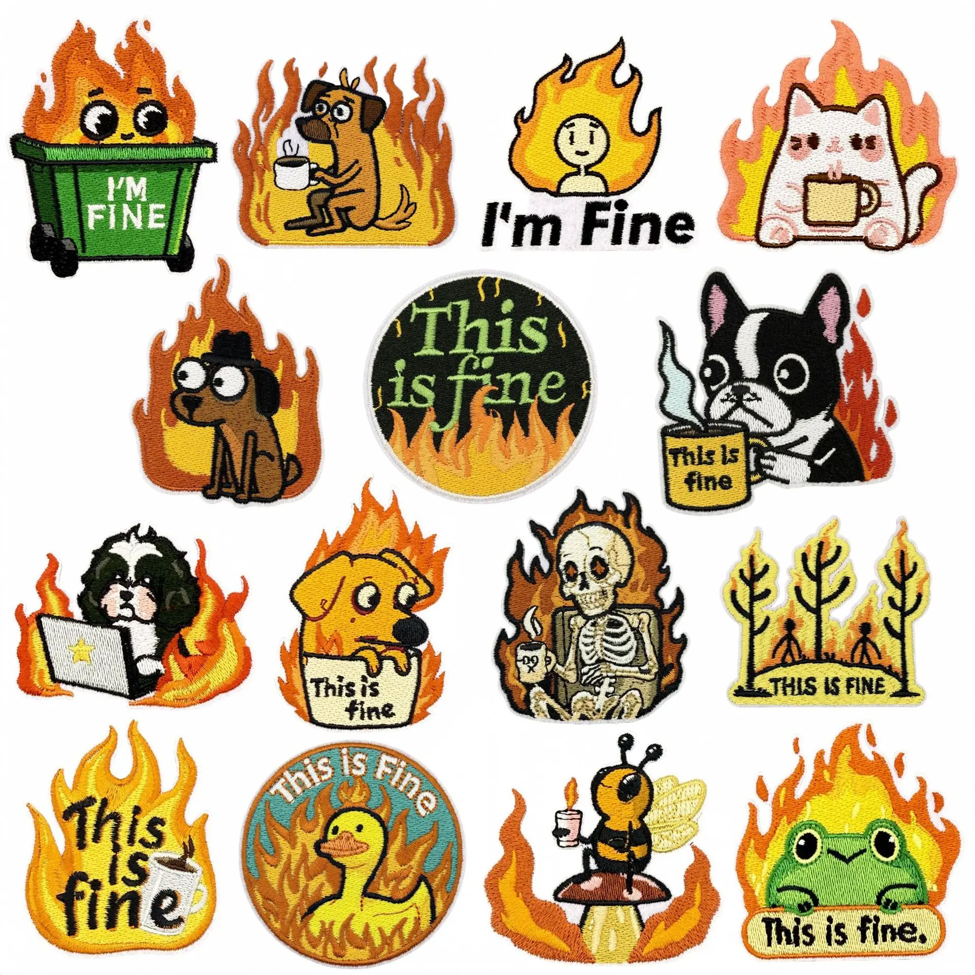 This Is Fine Embroidered Badge Dog Duck Frog on Fire Funny Meme Iron on Patches for Clothing I'm Fine Popular Sewing Appliques