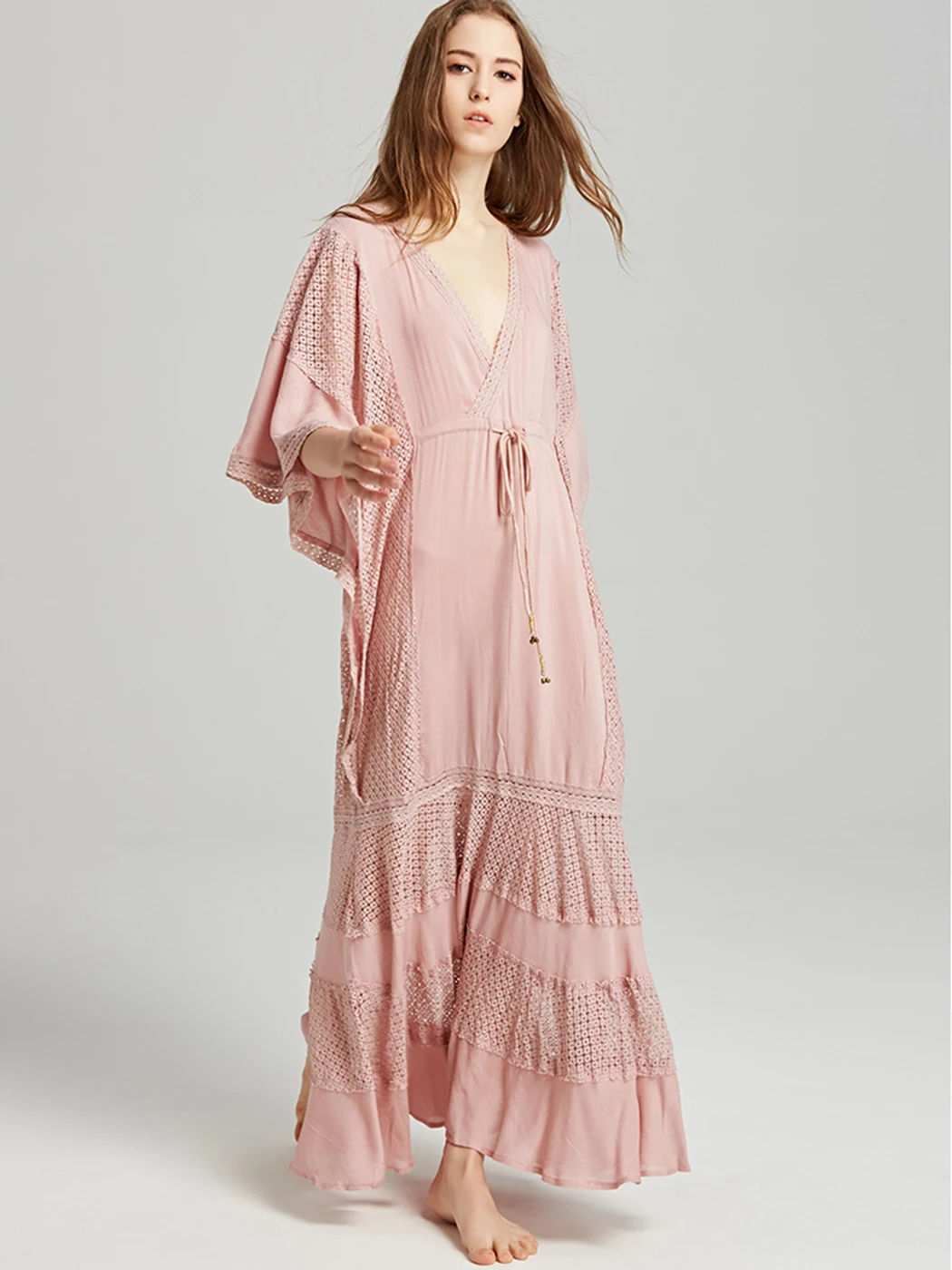 Jastie Boho Maxi vestido de verano para mujer, manga de murciélago hueca, cuello en V, vestidos sueltos con cordón, Color sólido, bata turca informal de playa