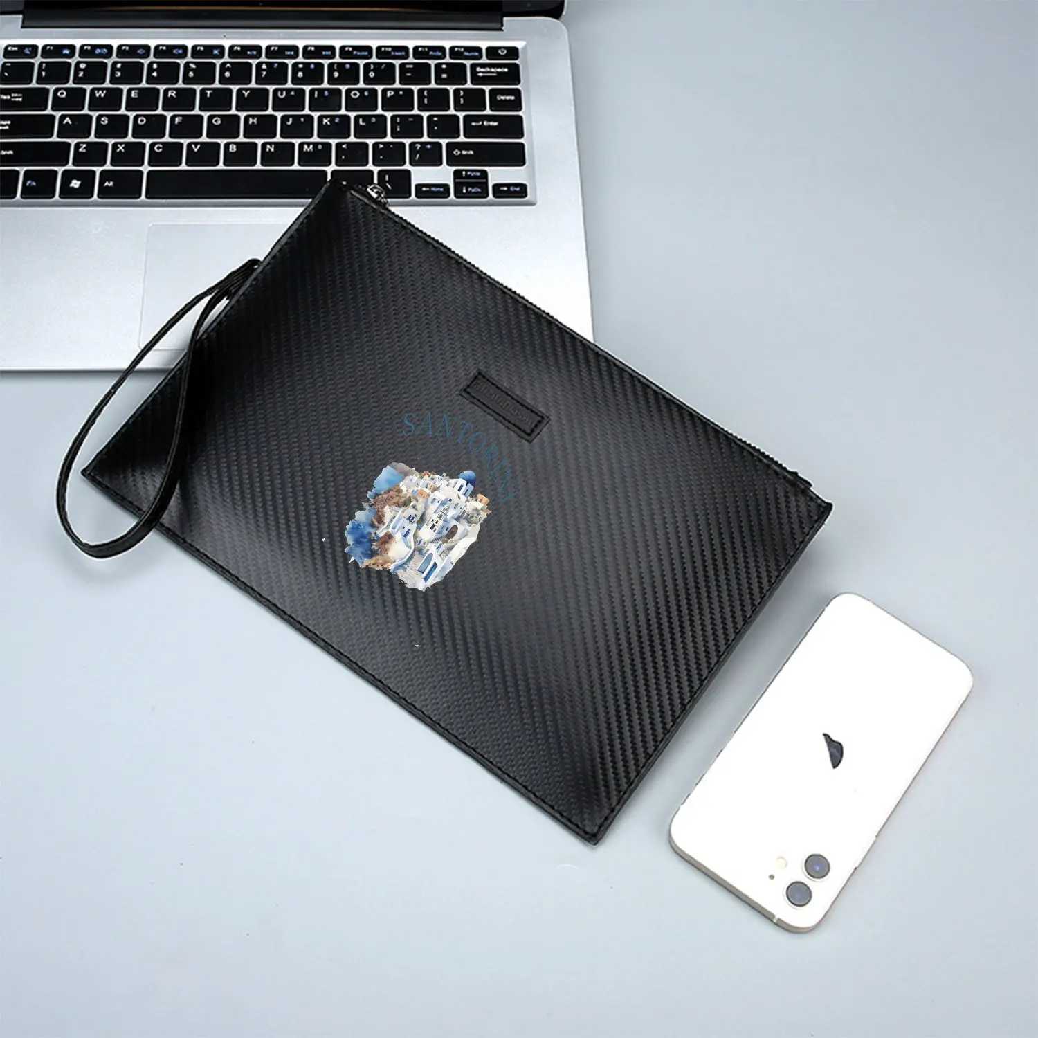 البيوت البيضاء باب أزرق، البحر والسماء، حقيبة يد رجالية أنيقة مطبوعة من البولي يوريثان، عصرية وعملية للحمل اليومي #2