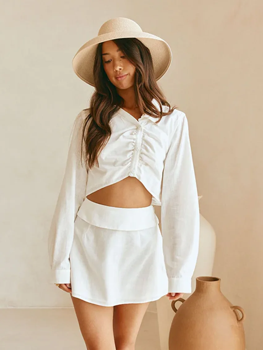 

Marthaqiqi Cotton Female Nightwear Suit Long Sleeve Sleepwear V-Neck Pajamas Crop Top Nightgowns Skirt Casual Women Nightie Sets