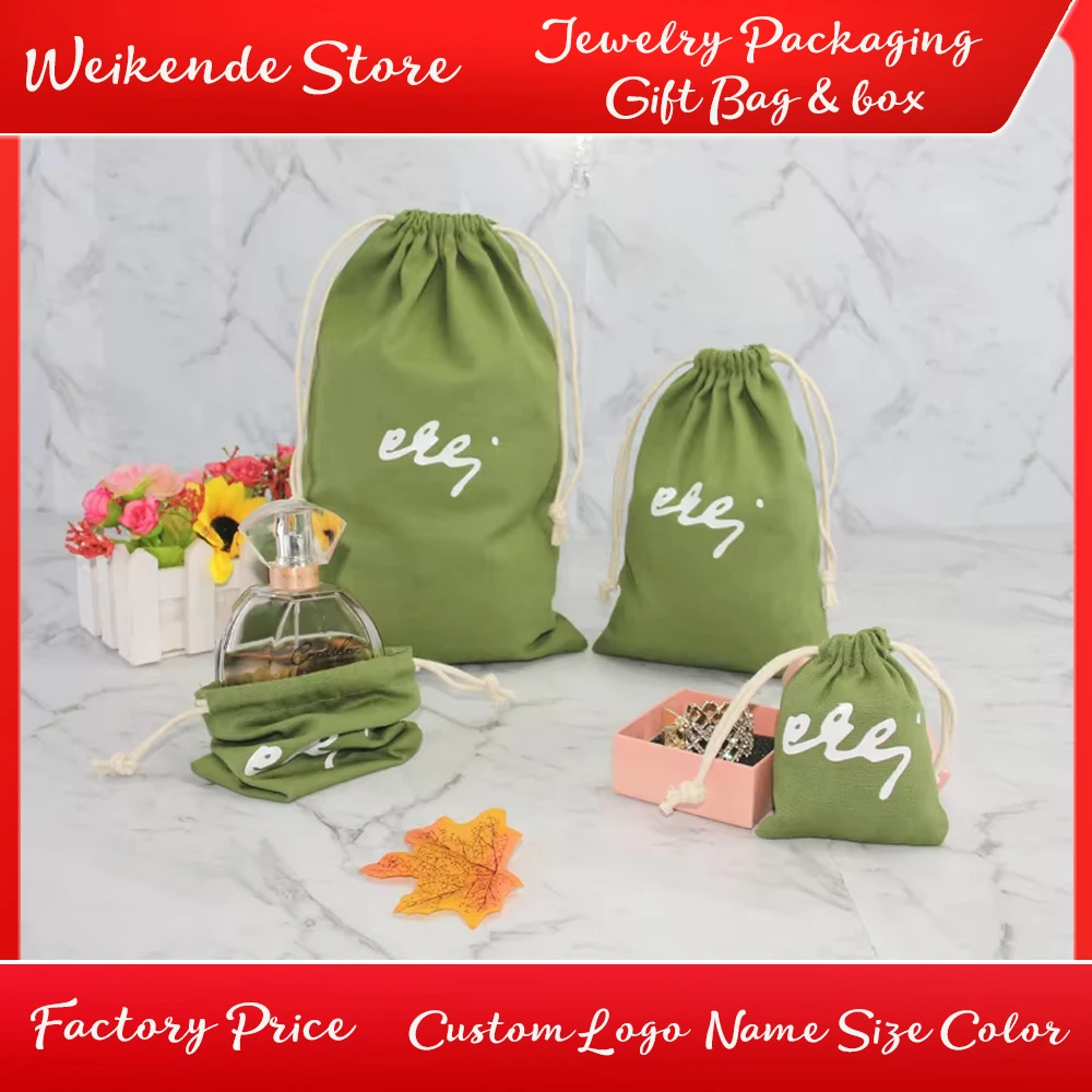 

50pcs Natural Cotton Gift Bags Custom Logo Makeup Jewelry Earring Bracelet Packaging Drawstring Pouches Olive Green Muslin Sack