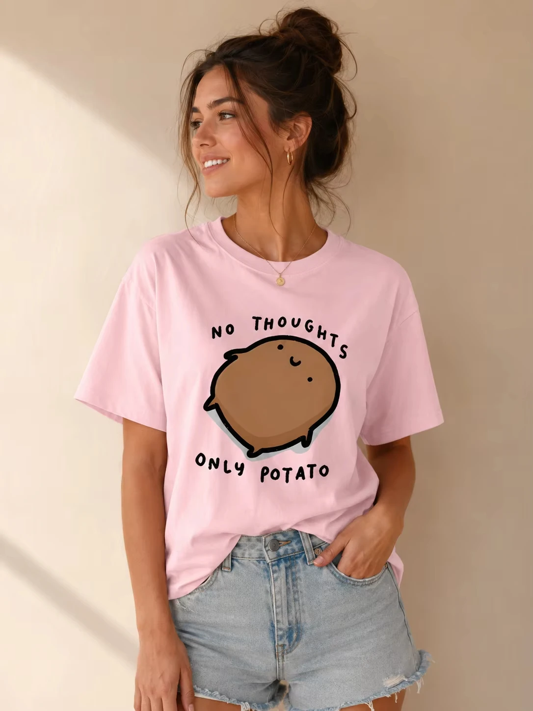 Cute Potato Pattern No Thoughts Only Potato Cartoon Printed T-shirt for Women Round Neck Top Short Sleeved Summer Casual T-shirt