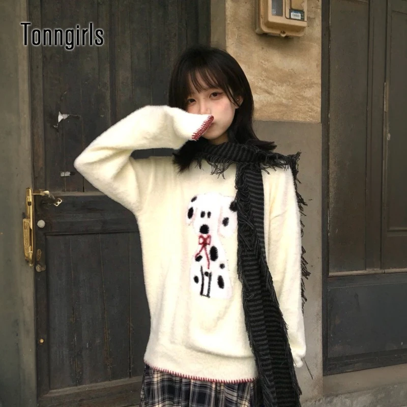 Tonngirls Y2k Fairycore Sweater Women Print Cartoon Dog Cashmere Pullovers Korean Style Winter Knit Jumpers 2000s Japanese Tops