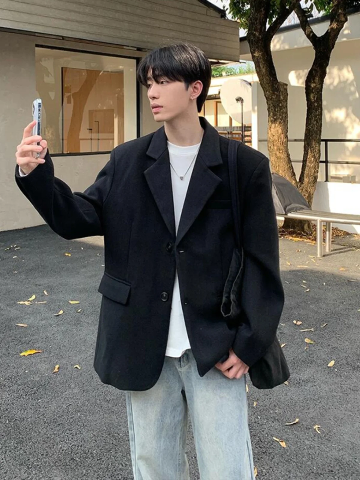 

Bla Woolen ort Suit Jaet Men's Thiened Autumn Winter Faion Casual Korean Sle Westwear Polyester Fiber Long Sve