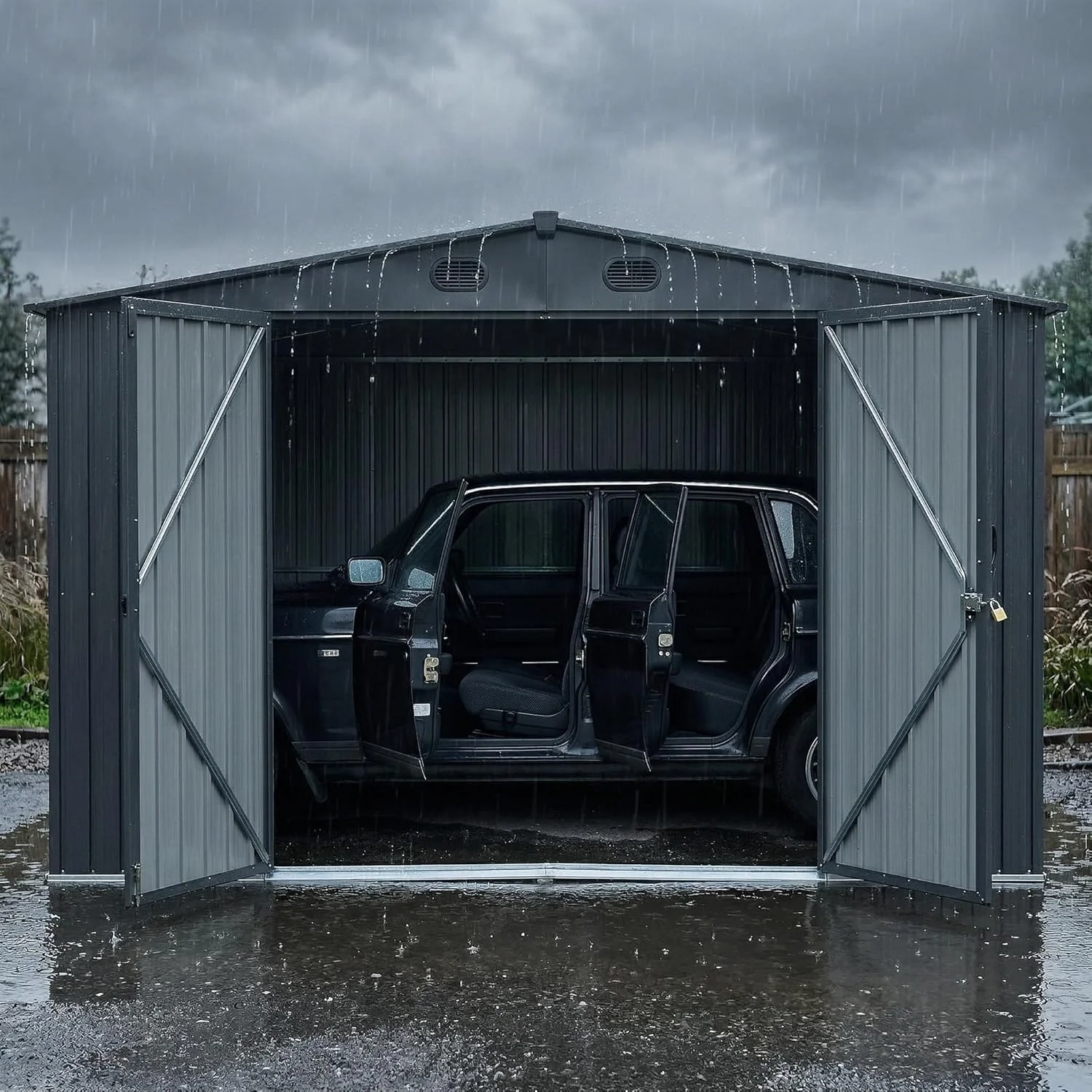 Metal Carport 13x20 FT, Outdoor Galvanized Steel Shed with Sloped Roof, Lockable Double Doors, Air Vents, Large Garden Tool