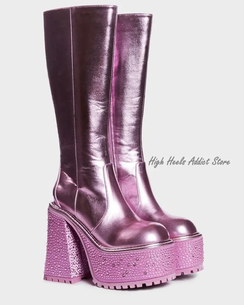 Pink Metallic Knee High Rhinestone Platform Boots Women Block Heel Zip Leather Boots Luxury Designer Big Size Lolita Cute Shoes