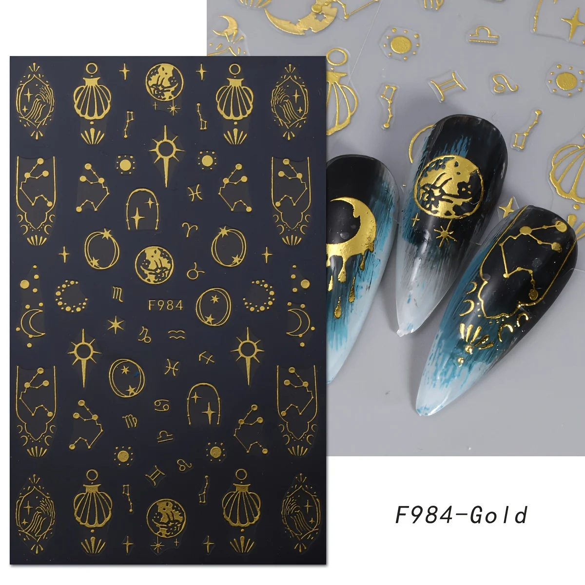 Autocollants dorés pour nail art, soleil, lune, étoile, faciles à appliquer pour la décoration des ongles, le bricolage, le cadeau, le maquillage de fête et de mariage, 8 pièces