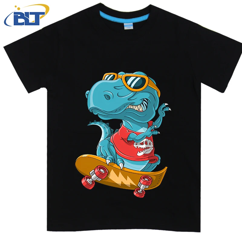 T-shirt de manga curta com design t-rex para menino e menina, casual e cool, de algodão, para o verão