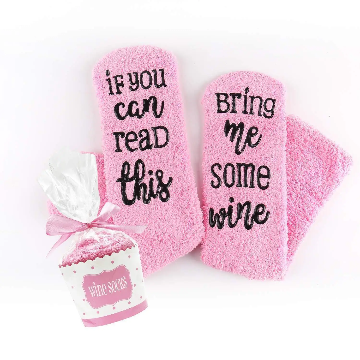 1 Pair Funny Pink Thicken Women Socks Letter Printed with' If You Can Read This,bring Me Some Wine' Soft Comfortable Warmer