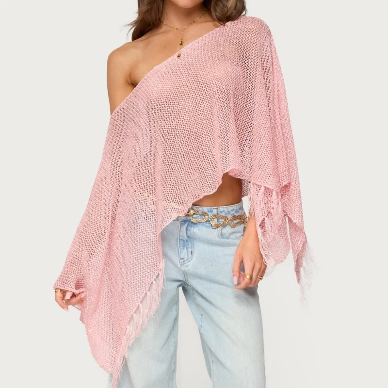 Häkelstrick-Badeanzug-Vertuschungen für Damen mit Quasten am Saum, lockere Passform, aushöhlen, durchsichtige, schulterfreie Strickpullover-Oberteile