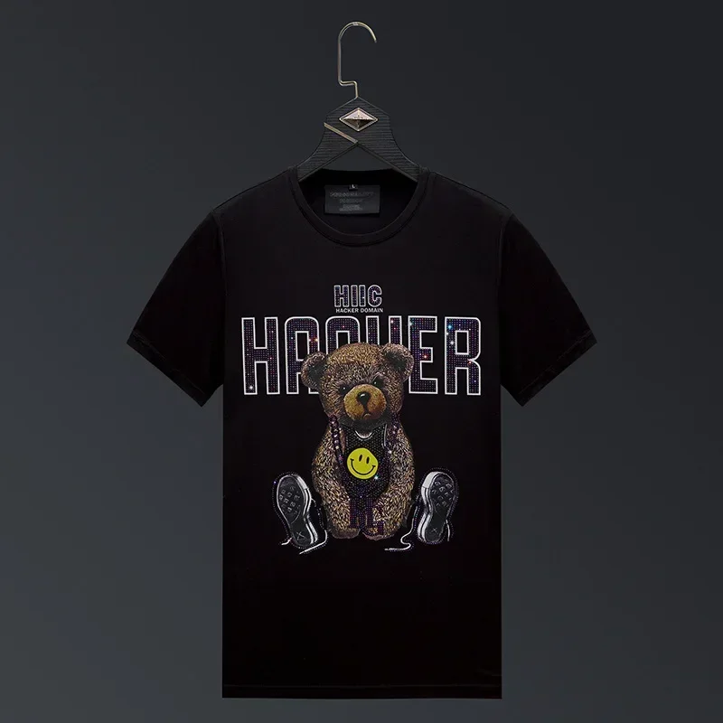 

Fashion Rhinestones Bear Printed T Shirts Men Clothing Summer Streetwear O Neck Short Sleeve Modal Thin Elastic Cotton T-shirts