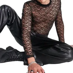 2023 Personality Solid Color Clothes Men's Round Neck Hollow Out Lace Tops Breathable Fashion Thin Style Men's T-shirt