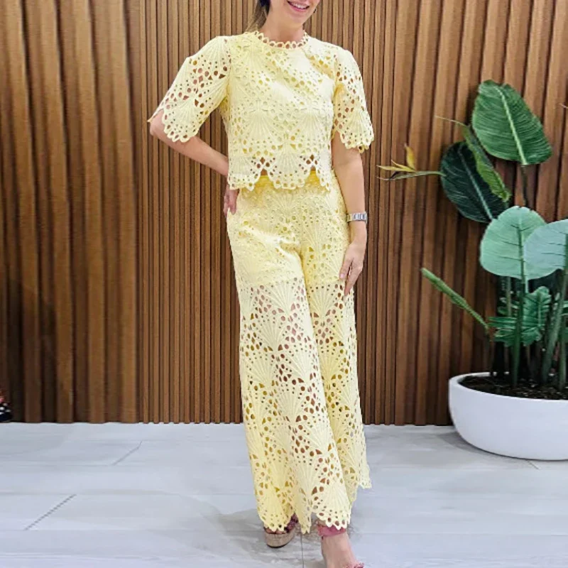 Fashion O-neck Short Sleeve Top & Wide Leg Pant Set Elegant Lace Embroidery Loose 2Pc Outfits Women Sexy Hollow Out Solid Suits