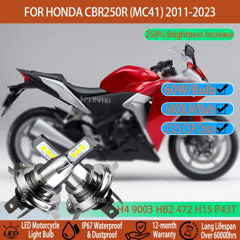 

6000k Bright H4 LED Headlight - 6000LM, 60W, Easy Install For Honda CBR250R (MC41) 2011 2012 2013 2014 2015 2016 2017 2018-2023