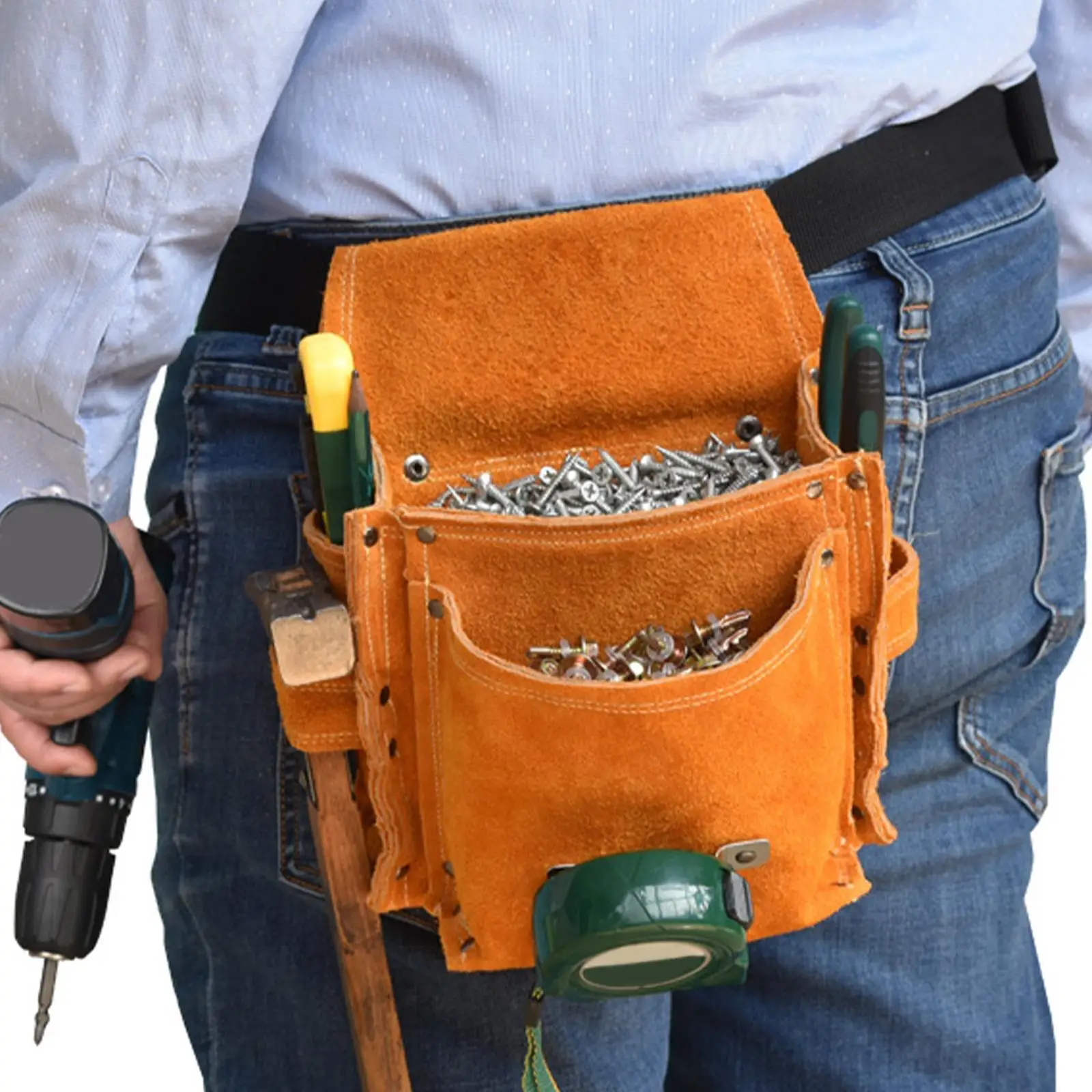Leather Waist Tool Bag with Adjustable Belt Large Capacity Sturdy for Garden Work, Technician Lightweight Multipurpose Orange