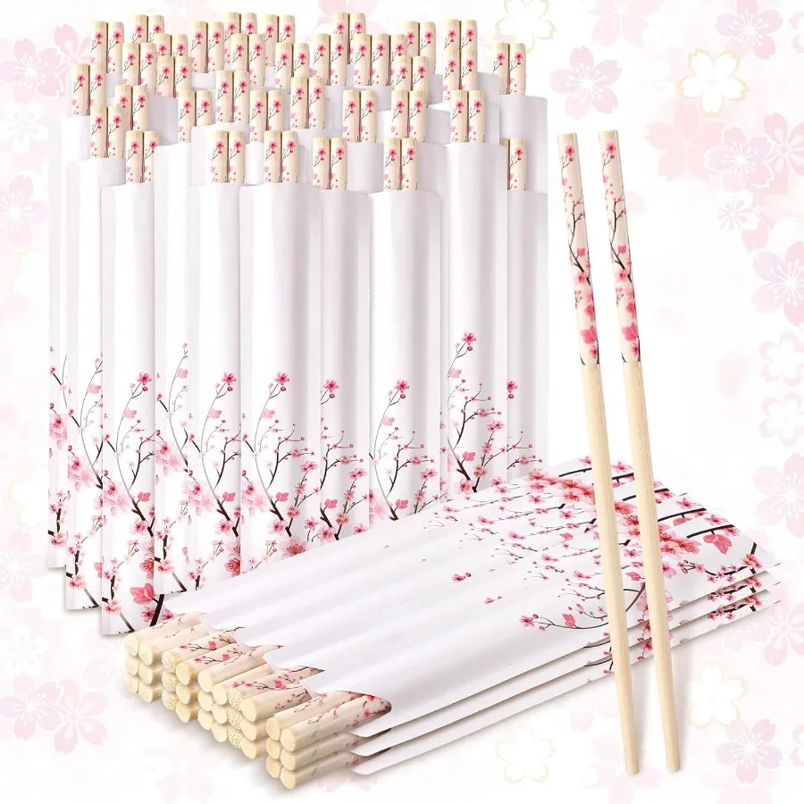

50 Pairs Cherry Blossom Chopsticks Bulk with Sleeved Blue Flower Disposable Bamboo Eucalyptus Chopsticks Wedding Favors Chinese