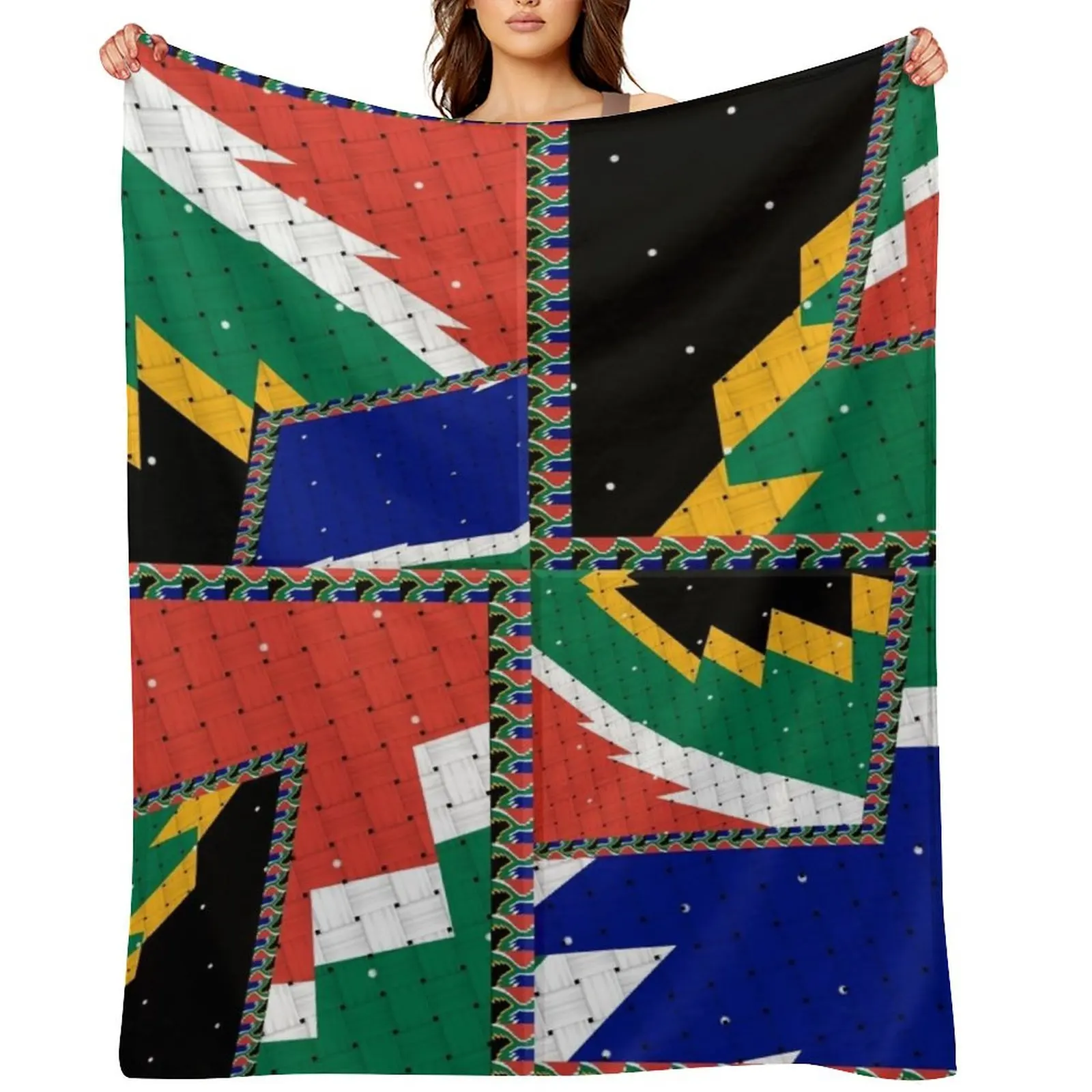 عمل فني هندسي تجريدي أصلي جذاب، مستوحى من علم جنوب أفريقيا بأسلوب عتيق. رمي بطانية #2