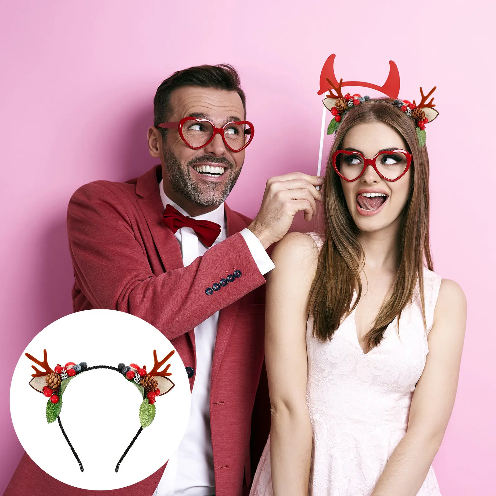 

Christmas Deer Antler Headband Decoration Fake Pine Cones Berries Christmas Hair Accessory Deer Headpiece Holiday Party Photo