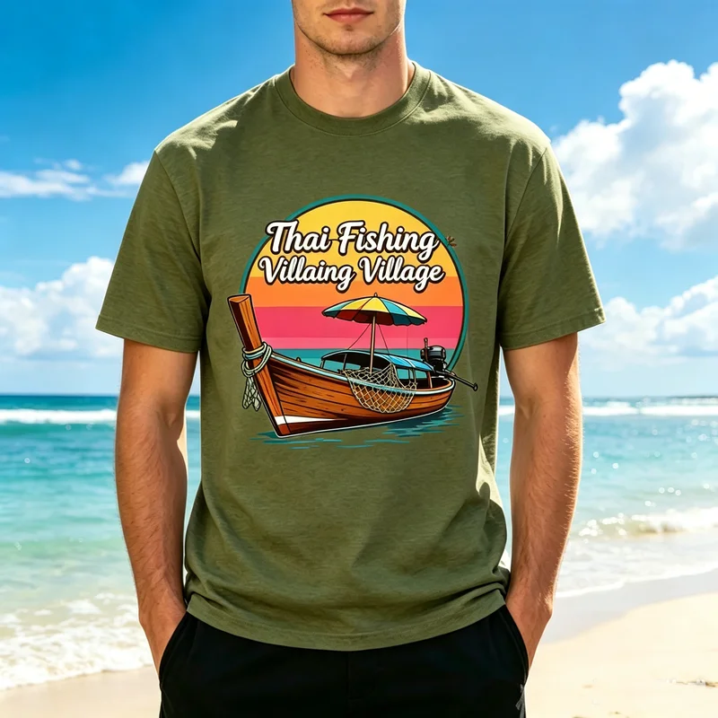 Vintage Thai Fishing Boat T-Shirt Retro Sunset Graphic Tee for Men Women Cotton Crewneck Short Sleeve Top Beach Vacation