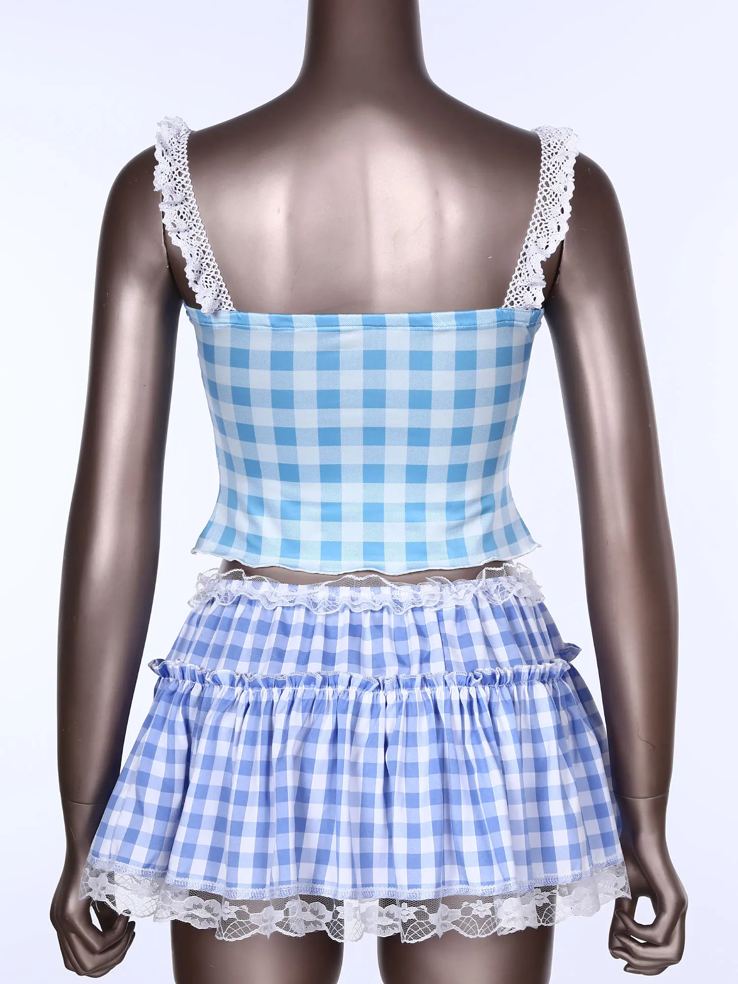 Womens Two-Pieces Plaid Outfit Lace Trim Spaghetti Crop Tops Square Neck Sleeveless Camisole Ruffled A-Line Mini Skirt Summer