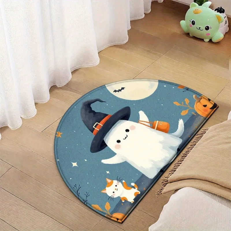Cute Halloween Half Round Doormat Ghost Cat Moon Pumpkin Semicircle Carpet For Bedroom Bathroom Front Door Welcome Floor Mat